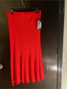 Future Collective Red Ribbed A-Line Knit Skirt